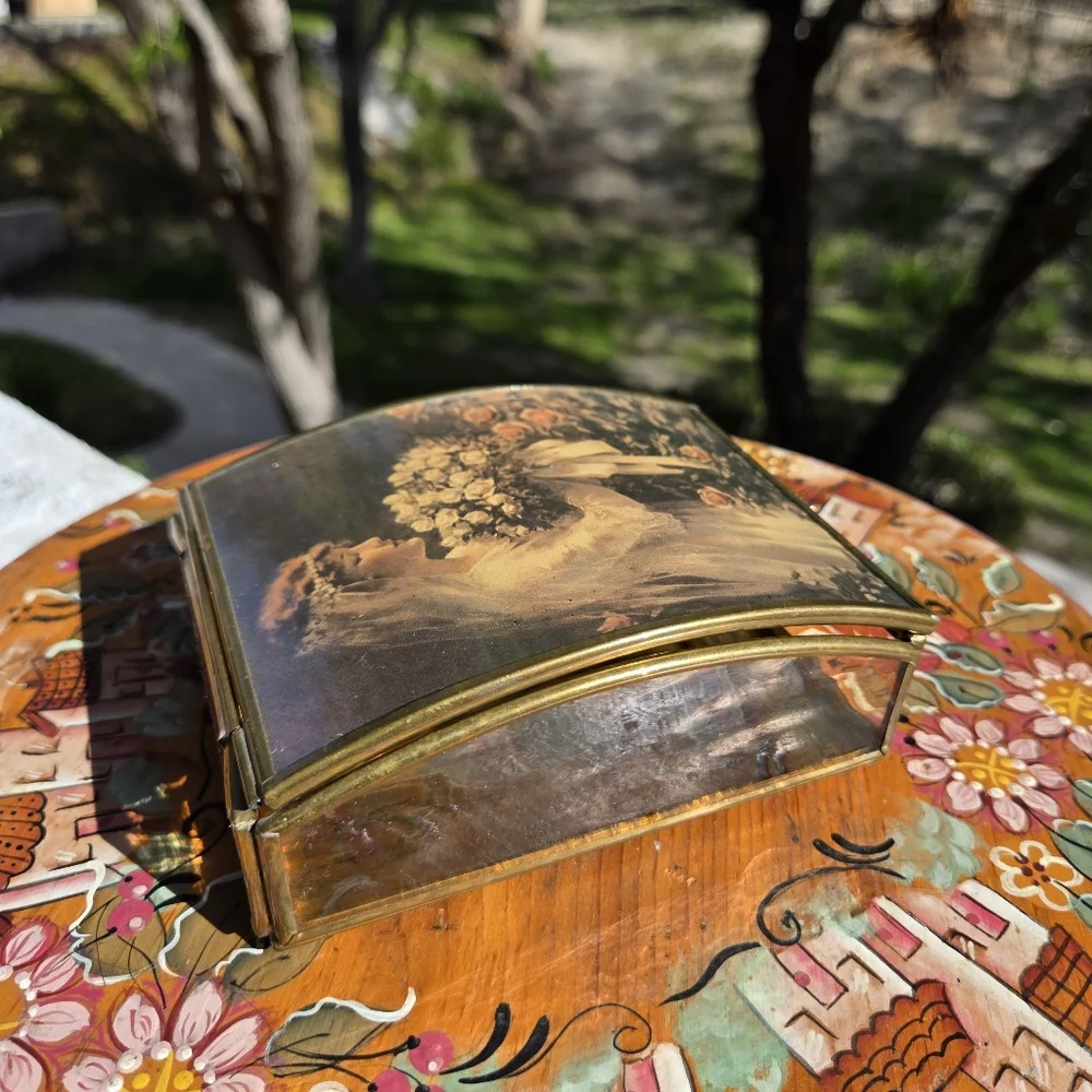 VTG Enesco Bride‎ Brass Trinket Box Hand Crafted Glass Made In MEXICO MCM